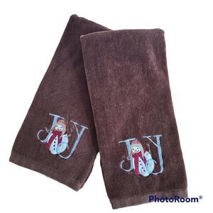 Holiday Hand Towels Brown "Joy" Snowman Set Of Two Velour Look